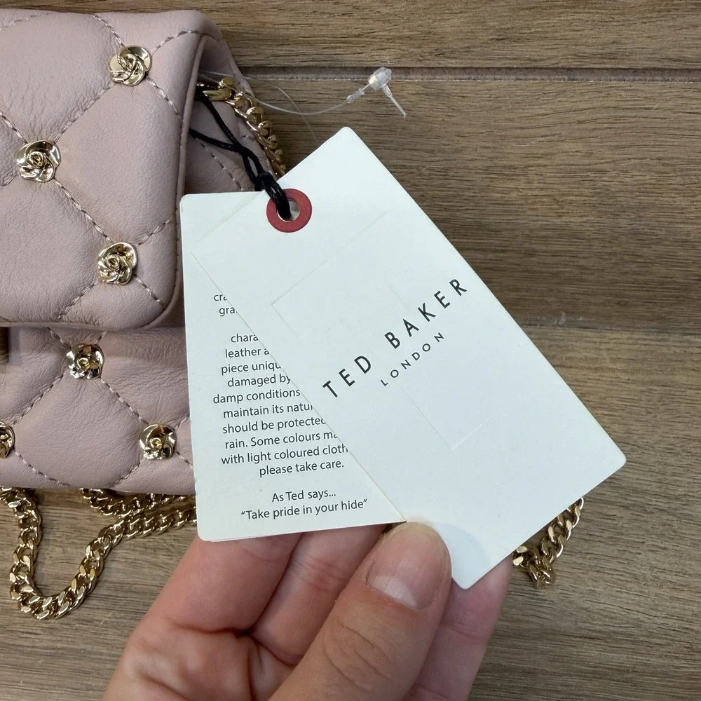 Ted Baker Ginn Quilted Leather Mini Crossbody Bag Rose Stud Soft Pink Chain